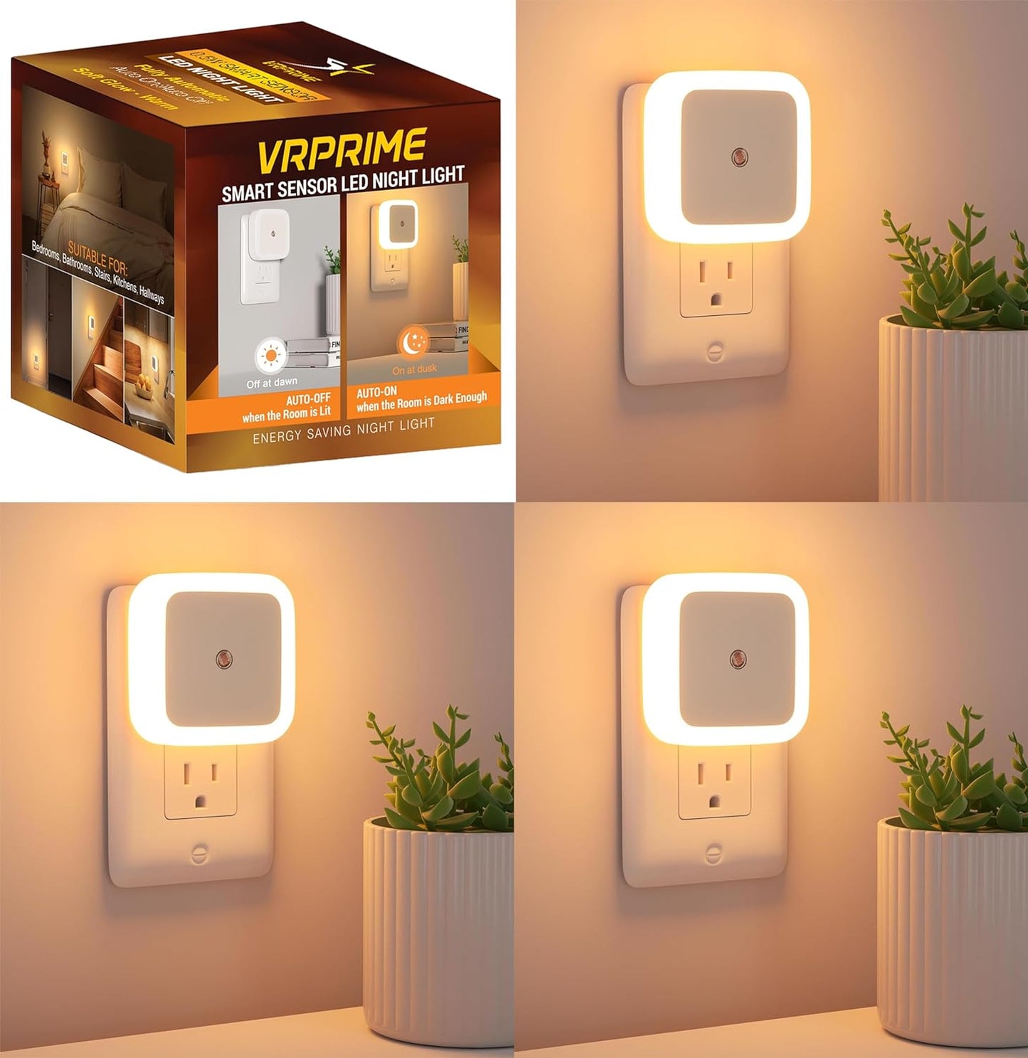 VRPRIME 3Pc Night Lamp Sensor Light Warm For Bedroom Bed Side Home | Smart Automatic ON/Off Dim LED Lights