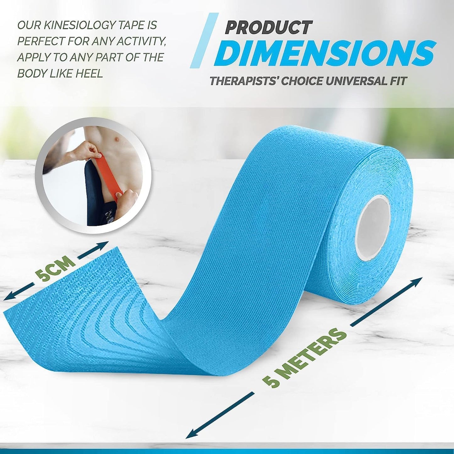 VRPRIME Kinesiology Tape 5cm x 5M | Waterproof Physiotherapy & Muscle Support Tape for Shoulder, Knee, Back & Ankle | Pain Relief Sports Bandage (White)