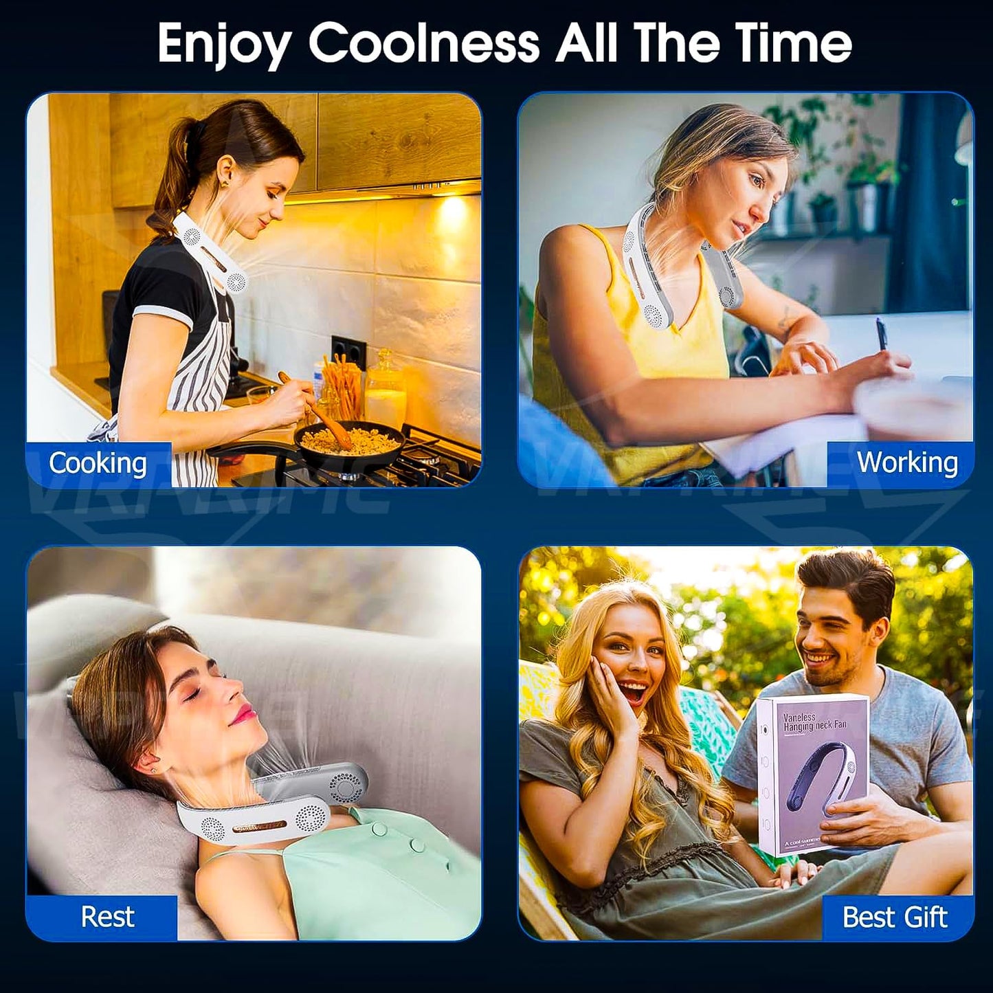 VRPRIME Portable Neck Fan Rechargeable 2400mAh | Hands-Free Personal Fan with 4 Turbo Motors & 3 Speeds | Low Noise Cooling for Kitchen, Travel & Outdoor (White)