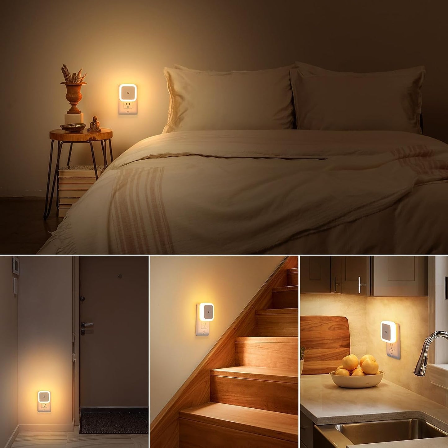 6pc Night Lamp Sensor Warm Light for Bedroom Bed Side Home | Smart Automatic ON/Off Dim LED Lights