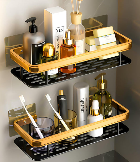Bathroom Organiser Without Drill | 2PCS Self Adhesive Shelves Shelf Rack Washroom Storage Organiser Without Drill Stand Racks Bathroom Shelf Shelves (Pack of 2, Gold )