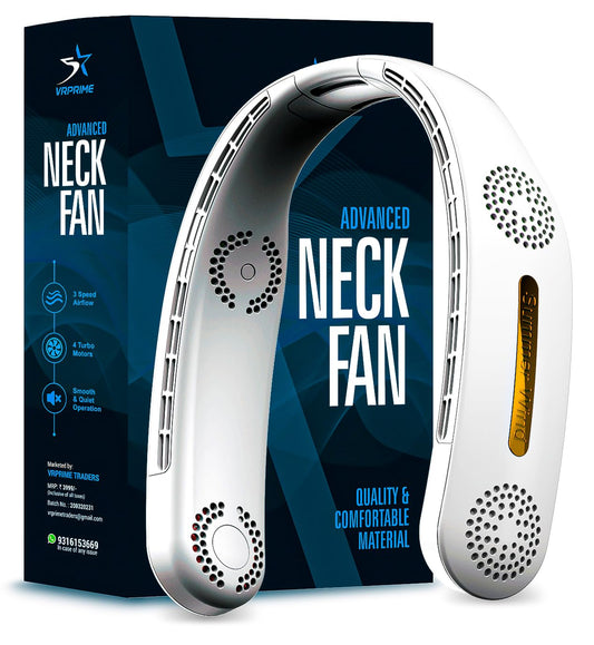 VRPRIME Portable Neck Fan Rechargeable 2400mAh | Hands-Free Personal Fan with 4 Turbo Motors & 3 Speeds | Low Noise Cooling for Kitchen, Travel & Outdoor (White)