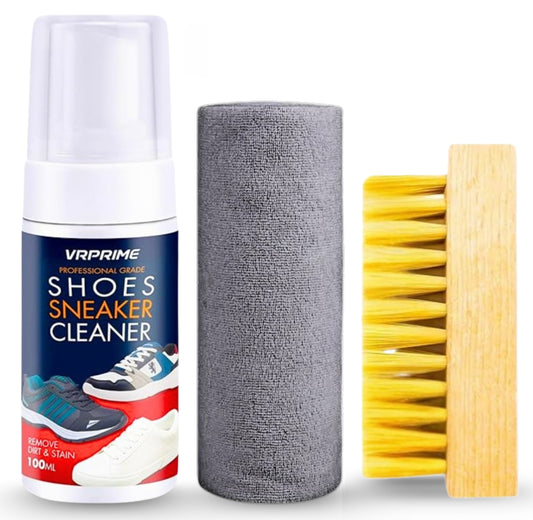 VRPRIME Shoe Cleaner Kit 3PC (100ML) | Sneaker Cleaning Solution with Brush & Microfiber Cloth | Removes Dirt & Stains from Sports Shoes