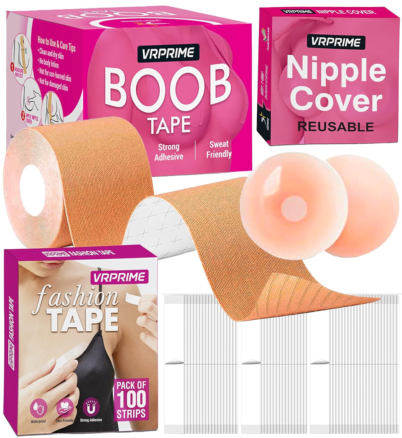 VRPRIME Boob Tape Kit - 5M Boob Tape with Reusable Nipple Cover for Women and 100 Strips Body Tape for Clothes
