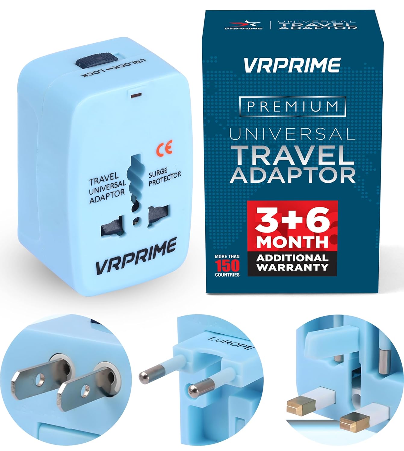 VRPRIME Universal Travel Adapter | International Worldwide Plug Charger for 150+ Countries | Phone & Laptop Compatible | 6+3 Month Warranty (Without USB)