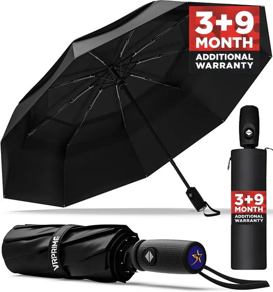 VRPRIME 3 Fold Automatic Umbrella for Rain & Sun | Big Size Windproof Travel Umbrella with 10 Dual Reinforced Ribs | Auto Open/Close (Black)