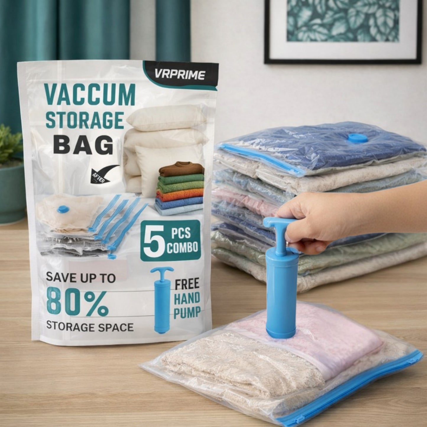 VRPRIME 5Pc Vacuum Bags for Clothes with Pump | Travel & Smart Space Saver Strorage Vaccum Bag