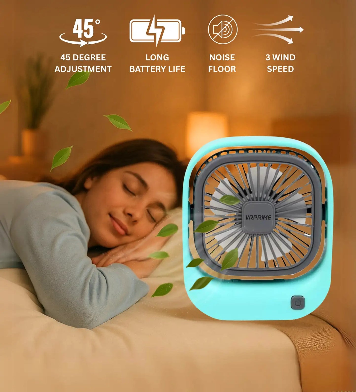 VRPRIME Rechargeable Portable Desk Fan | 3-Speed Mini Table Fan with 1000mAh Battery | USB Powered Cooling for Home, Office & Travel